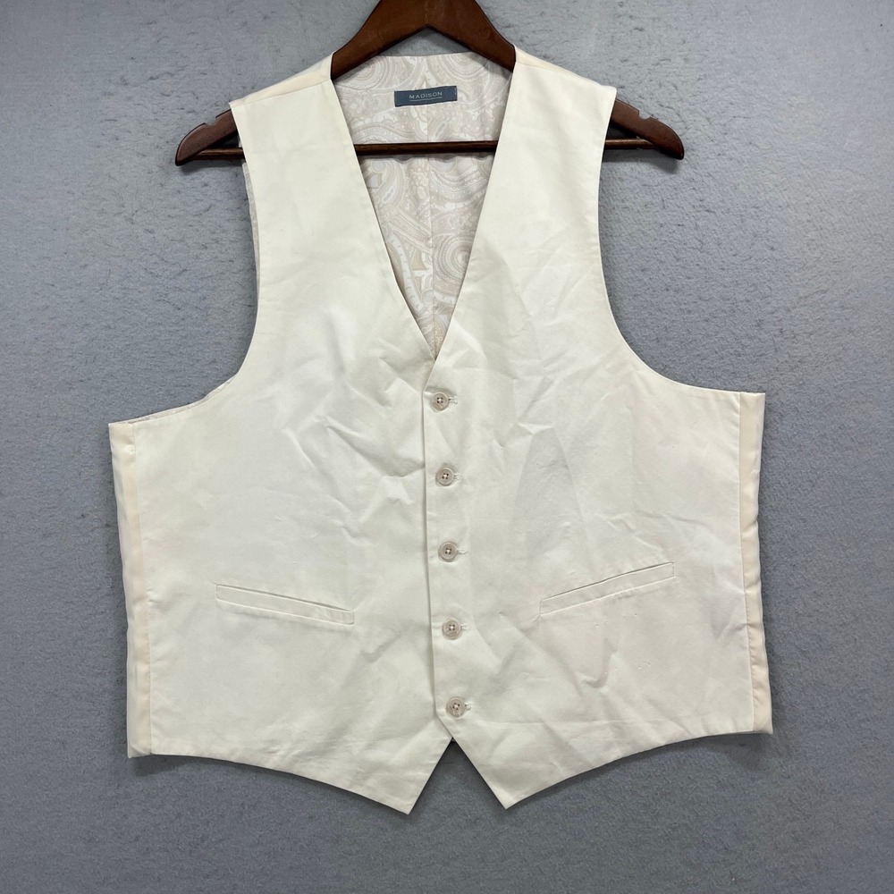 Madison Vest Mens L Cream Cotton Button Up Paisley Lining Formal Dapper Wedding